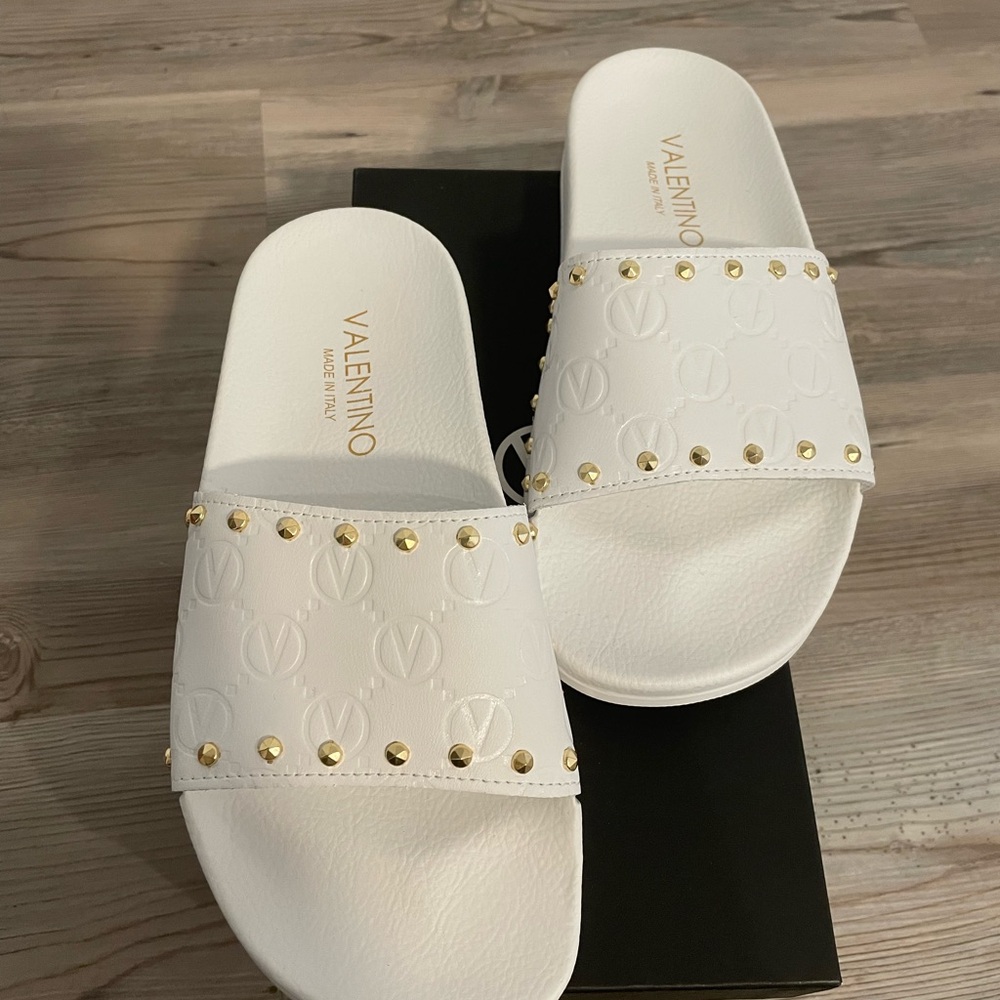 M Valentino White Sandals with Gold Studs
